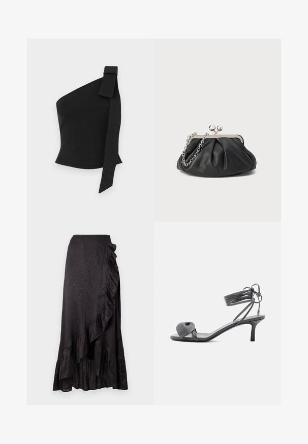 Asymmetrisch zwart top gemaakt van textuurstof; heeft een strikdetail op de linkerschouder en een getailleerd ontwerp.; Zwarte satijnen rok met een rimpelige zoom en zijdelingse details. Getextureerd luipaardpatroon voegt visuele aantrekkingskracht toe. Lange, vloeiende silhoutte.; Grijze leren sandaal met hak, voorzien van een geknoopte band bij de tenen en wikkellinten rond de enkel op een slanke sandaal met een middenhoge hak, tegen een witte achtergrond.; Zwarte leren clutch met geplooide textuur, zilverkleurig metalen frame, drukknopsluiting en kettingriem. Glad, zacht oppervlak.