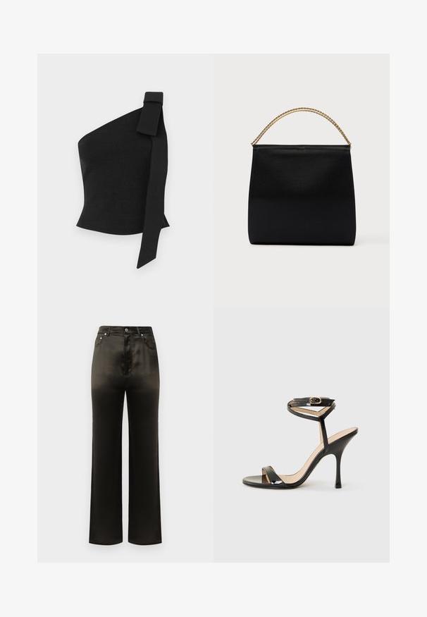 Top negro asimétrico hecho de tela texturizada; presenta un detalle de lazo en el hombro izquierdo y un diseño ajustado.; Pantalones negros de satén de pierna ancha con cintura alta, con bolsillos frontales y acentos de botones de metal. Textura suave y diseño elegante.; Sandalia de tacón alto de charol negro con tira delgada en el tobillo y hebilla, punta abierta y tacón aguja esbelto sobre fondo blanco.; Bolso negro de tela suave, con forma estructurada, asa de cadena dorada y diseño geométrico minimalista.