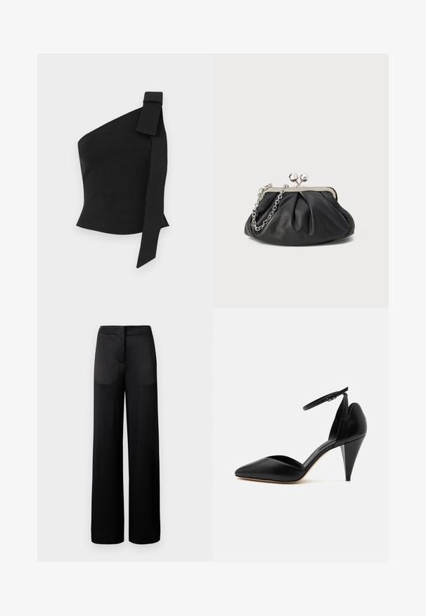 Top negro asimétrico hecho de tela texturizada; presenta un detalle de lazo en el hombro izquierdo y un diseño ajustado.; Pantalones negros de pierna ancha con una superficie texturada, que cuentan con una cintura plana y dos bolsillos laterales. La tela parece ligera y fluida.; Zapato negro de tacón alto con punta puntiaguda, correa en el tobillo y tacón cónico sobre fondo blanco.; Clutch de cuero negro con textura arrugada, marco de metal en tono plateado, cierre de beso y cadena para colgar. Superficie suave y lisa.