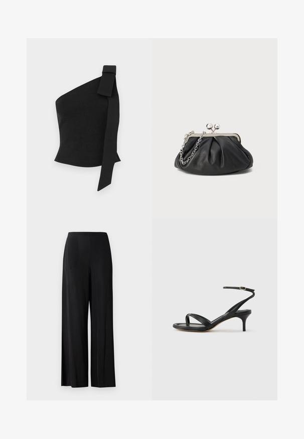 Top negro asimétrico hecho de tela texturizada; presenta un detalle de lazo en el hombro izquierdo y un diseño ajustado.; Pantalones negros de pierna ancha, fabricados en tela suave, con una cintura alta y sin bolsillos ni elementos metálicos visibles. Diseño hasta el suelo.; Sandalia negra de cuero para mujer con tiras finas, un lazo para el dedo del pie, hebilla en el tobillo y tacón de aguja de altura media sobre un fondo neutro.; Clutch de cuero negro con textura arrugada, marco de metal en tono plateado, cierre de beso y cadena para colgar. Superficie suave y lisa.