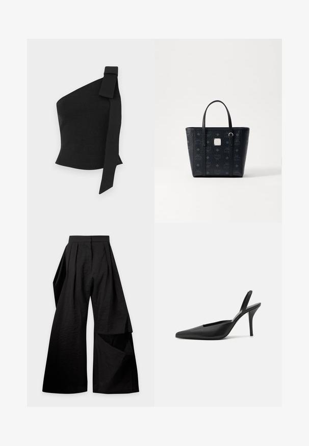 Asymmetrisch zwart top gemaakt van textuurstof; heeft een strikdetail op de linkerschouder en een getailleerd ontwerp.; Zwarte broek met wijde pijpen, plooien aan de taille en een overlappend stoffen paneel op het rechterbeen.; Zwarte slingback hakken met een spitse neus, van soepel leer en een strak, minimalistisch ontwerp. Hoge stilettolahak.; Zwarte leren tote bag met een textuurafwerking, voorzien van dubbele handvatten en een vierkant logo-accent. Het monogram patroon bedekt de buitenkant.
