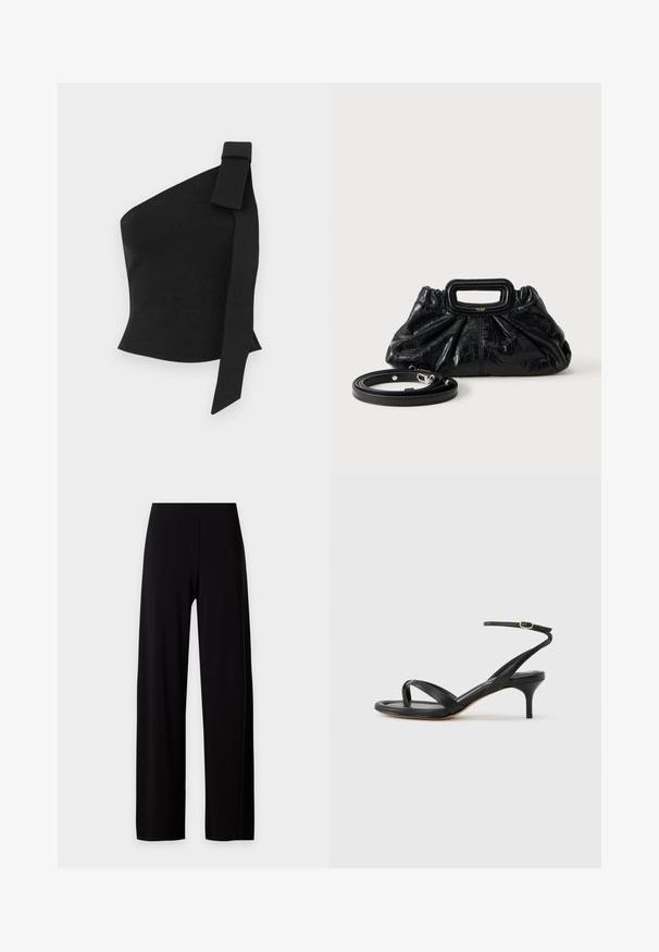 Top negro asimétrico hecho de tela texturizada; presenta un detalle de lazo en el hombro izquierdo y un diseño ajustado.; Pantalones negros de talle alto y pierna ancha, con un frente liso y sin bolsillos ni adornos visibles.; Sandalia negra de cuero para mujer con tiras finas, un lazo para el dedo del pie, hebilla en el tobillo y tacón de aguja de altura media sobre un fondo neutro.; Bolso pequeño de cuero negro con textura fruncida, asa rectangular y correa de hombro delgada y desmontable colocada al lado.