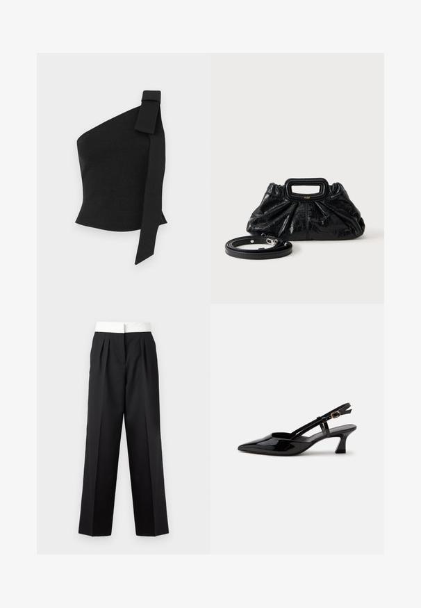 Top negro asimétrico hecho de tela texturizada; presenta un detalle de lazo en el hombro izquierdo y un diseño ajustado.; Pantalones negros plisados con una amplia cinturilla blanca, que presentan un corte recto y una textura lisa para un look estructurado.; Zapato slingback de charol negro con tacón bajo, punta puntiaguda y correa ajustable con hebilla dorada sobre fondo blanco.; Bolso pequeño de cuero negro con textura fruncida, asa rectangular y correa de hombro delgada y desmontable colocada al lado.
