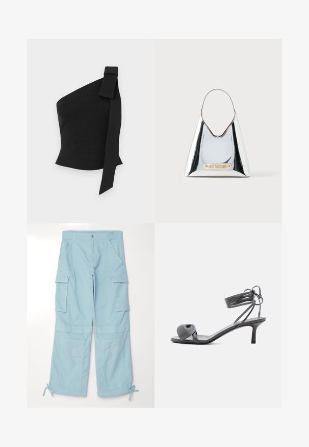Top negro asimétrico hecho de tela texturizada; presenta un detalle de lazo en el hombro izquierdo y un diseño ajustado.; Pantalones cargo azul claro con un ajuste relajado. Presentan bolsillos laterales sobredimensionados, puños ajustables y un cierre de botón en la cintura.; Sandalia de tacón de cuero gris con tira anudada en los dedos y cordones que se envuelven alrededor del tobillo, sobre un tacón delgado de altura media, sobre fondo blanco.; Bolso plateado, brillante, con forma triangular y asa recortada. Presenta un detalle de logotipo dorado en el frente. Textura lisa y reflectante.