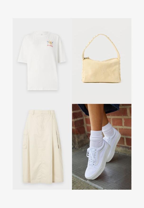 Witte katoen T-shirt met een ontspannen pasvorm, featuring een kleurrijk Billabong-logo met palmbomen en het jaar "1973" geborduurd op de linkerborst.; Beige, knielange rok van katoen. Beschikt over twee zijcargo zakken en een voorplooing, met een tailleband en verborgen ritsluiting.; Witte canvas sneakers met rubberen zolen, voorzien van zes vetertjes, een ronde neus en lichte stikdetails, gecombineerd met witte enkelsokken.; Kleine beige leren handtas met een enkele band en zilveren studs langs de randen en band, tegen een effen achtergrond.