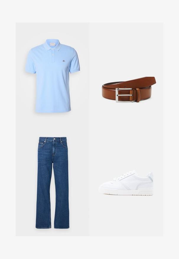 Polo shirt à manches courtes bleu clair en coton, avec une patte de boutonnage à deux boutons et un petit logo brodé sur la poitrine gauche.; Jean en denim bleu avec un design à jambes larges, doté d'une fermeture classique à bouton et à glissière, et de cinq poches. Texture délavée distinctive sur l'ensemble.; Baskets blanches basses avec fermeture à lacets, panneaux cousus et semelle texturée, présentées de profil sur un fond uni.; Ceinture en cuir marron avec une texture lisse, dotée d'une boucle rectangulaire en métal argenté et d'une extrémité effilée.