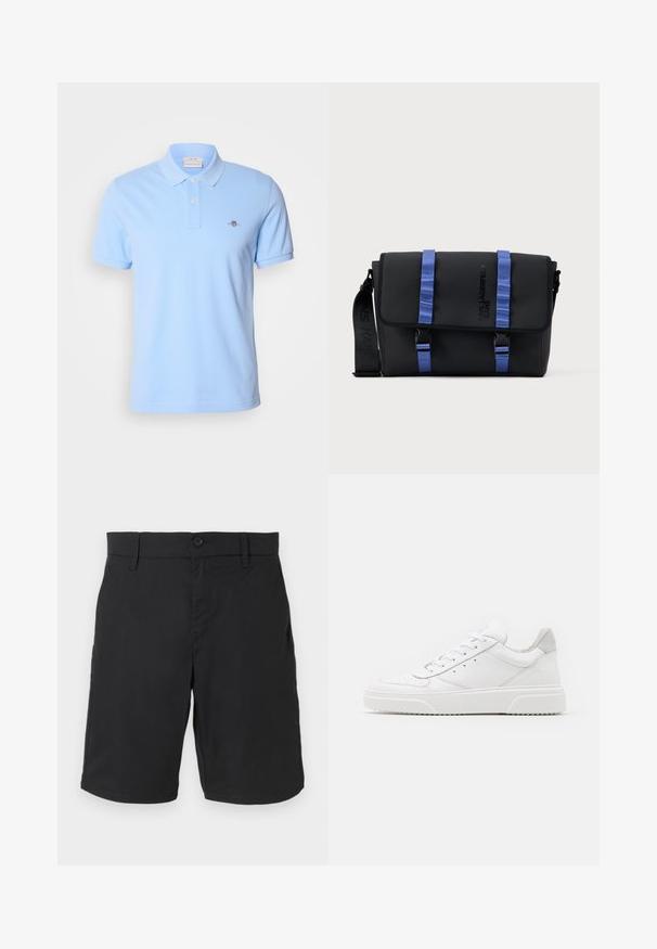 Heledsinine lühikeste varrukatega polo särk, mis on valmistatud puuvillast, omab kahe nööbiga kinnitust ja väikeset tikandiga logo vasakul rinnal.; Mustad keskmise pikkusega püksid, millel on nööp- ja tõmblukkudega sulgemine, vööaugud ning küljetaskud, paigutatud valgele taustale.; Valged nahast spordijalatsid siledast nahast viimistlusega, ümarate varvastega, lamekestega ja tekstuuriga tallaga. Hall suede aktsent kanna juures.; Must ristküliku kujuga kullerikott siniste rihmade, ees olevate pandlatega ja musta reguleeritava õlarihmaga, millel on brändi tekst.