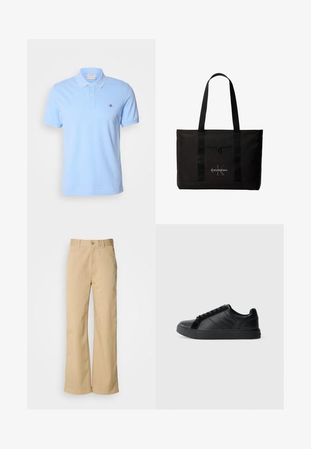 Lichtblauwe poloshirt met korte mouwen, gemaakt van katoen, met een twee-knopen sluiting en een klein geborduurd logo op de linkerkant van de borst.; Beige, wijde broek gemaakt van een katoenmix. Voorzien van een knoopsluiting en riemlussen. Soepele textuur, met minimale stikseldetails.; Zwarte leren sneakers met een gladde afwerking, geprofileerde zijkanten, ronde neus, platte zool en logo-detail op de zijkant. Bevat klassieke vetersluiting.; Zwarte Calvin Klein totebag met twee lange handvatten en een voorvak, met het logo van het merk in wit en grijs.