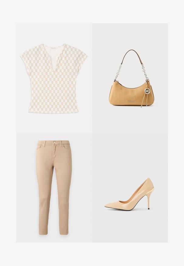 Biely krátky rukáv top s V-výstrihom, so zopakovaným geometrickým vzorom v svetlej béžovej farbe. Mäkká látka, priliehavý strih.; Béžové úzke nohavice so zapínaním na predné gombíky, zips, pútka na opasok a päť vreciek, zobrazené na jednoduchom svetlom pozadí.; Béžová lodička z lakovanej kože s vysokým podpätkom, špičatou špičkou a úzkym ihličkovým podpätkom, s malým zlatým detailom na zadnej strane.; Kožená kabelka Michael Kors v rezavohnedej farbe so strieborným reťazovým držadlom, príveskom s logom a nápisom "MICHAEL KORS" na prednej strane.