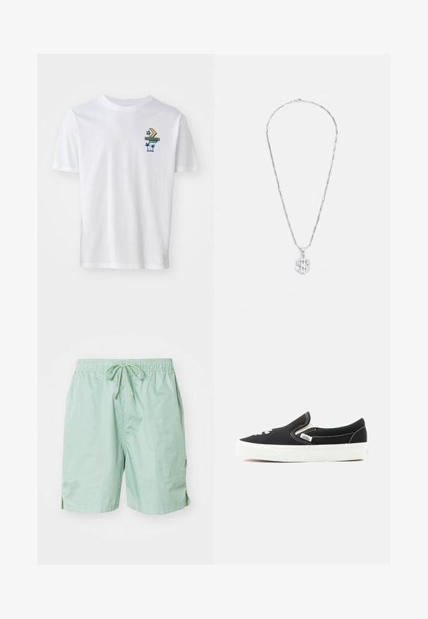 Witte katoenen t-shirt met een grafische print met de tekst 'CONVERSE MOTEL', een ster en palm bomen in blauwe en gele tinten. Korte mouwen.; Lichtgroene zwemshorts van gladde stof, met een elastische tailleband met trekkoord, zijzakken en een korte lengte.; Zwarte Vans instapsneaker met witte rubberen zool, witte stiksels en elastische zijaccenten, gezien vanaf de buitenkant.; Zilveren ketting met vergrendelde schakels en een hanger met een dollar teken, verfraaid met heldere kristallen.