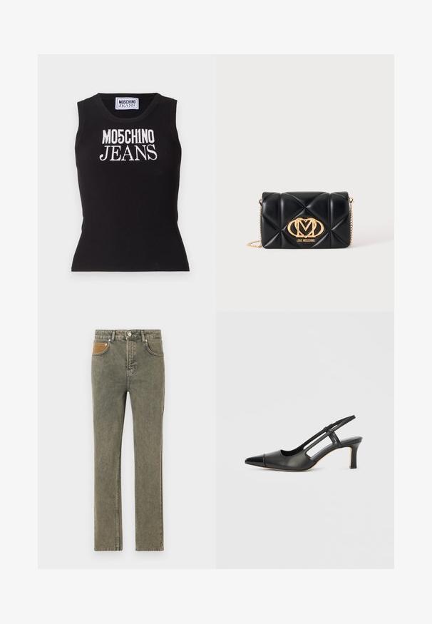 Sort ribbet tanktop med "MO5CH1NO JEANS" i hvid broderi. Tætsiddende design med rund hals og uden ærmer.; Grønne denimjeans med lige ben, der har en brun corduroy-lomme som accent og subtilt slid på hele stoffet.; Sort læder slingback-sko med spids tå, der har en blank accent på tåhætten og en mellemhøj hæl. Åben sidesektion.; Sort quiltet læderhåndtaske med guldkædestrop og gyldent Love Moschino-logo foran i midten.