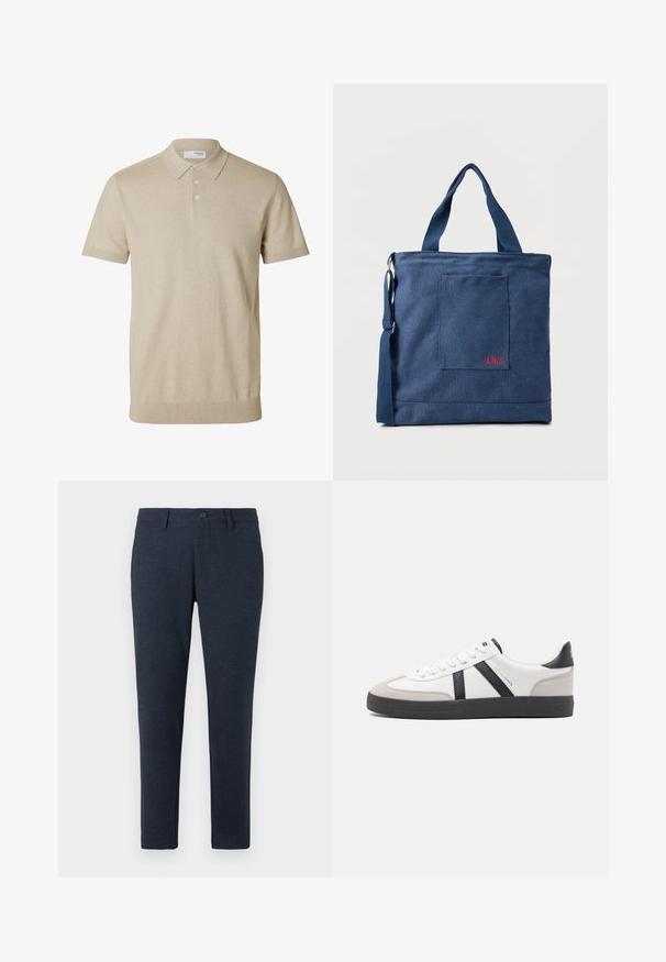 Béžové polo tričko s krátkym rukávom, golierom a tromi gombíkmi, rebrované okraje na rukávoch a spodnom leme, jednofarebná pletená látka.; Tmavomodré slim-fit nohavice s pútkom na opasok, predným gombíkom a prednými vreckami, zobrazené na bielom pozadí.; Biele tenisky s čiernymi a šedými akcentmi, s textúrovanou šedou špičkou, čiernou gumovou podrážkou a plochými bielymi šnúrkami. Čistý dizajn, minimalistický štýl.; Modrá taška na plátno s predným vreckom a červenou výšivkou "O.N.S", obsahujúca dvojité rúčky a nastaviteľný ramenný popruh.