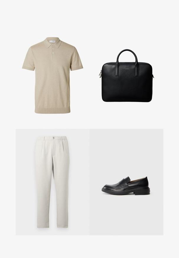 Beiges kurzärmeliges Poloshirt mit Kragen und drei Knöpfen, gerippte Bündchen an Ärmeln und Saum, einfarbiger Strickstoff.; Hellbeige, lässige Hose mit leichtem Glanz, ausgestattet mit elastischem Bund, vorderen Taschen und einem schmal zulaufenden Bein.; Schwarze Leder-Pantoletten mit niedrigem Absatz und dezentem Calvin Klein-Logo an der Seite, im Profil vor einem weißen Hintergrund dargestellt.; Schwarze strukturierte Lederaktentasche mit zwei Griffen und silbernen Reißverschlussanhängern, zentriert auf weißem Hintergrund.