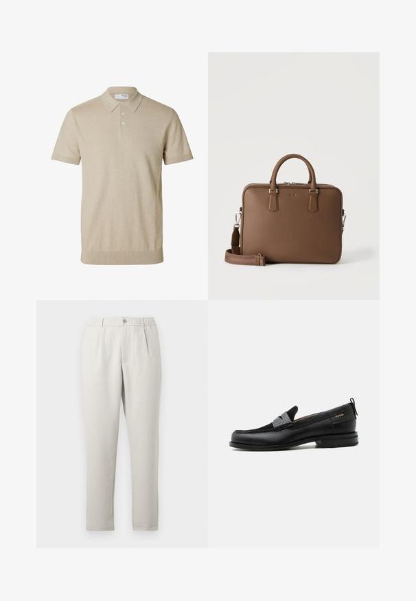 Beiges kurzärmeliges Poloshirt mit Kragen und drei Knöpfen, gerippte Bündchen an Ärmeln und Saum, einfarbiger Strickstoff.; Hellbeige, lässige Hose mit leichtem Glanz, ausgestattet mit elastischem Bund, vorderen Taschen und einem schmal zulaufenden Bein.; Schwarzer Lederloafer mit grauem Riemendetail, niedrigem Absatz und strukturierter Sohle, seitlich mit „HUGO“ in Gold gebrandmarkt.; Braune Lederaktentasche mit oberen Griffen, silberner Beschlägen und verstellbarem Schulterriemen auf einfachem, hellem Hintergrund.