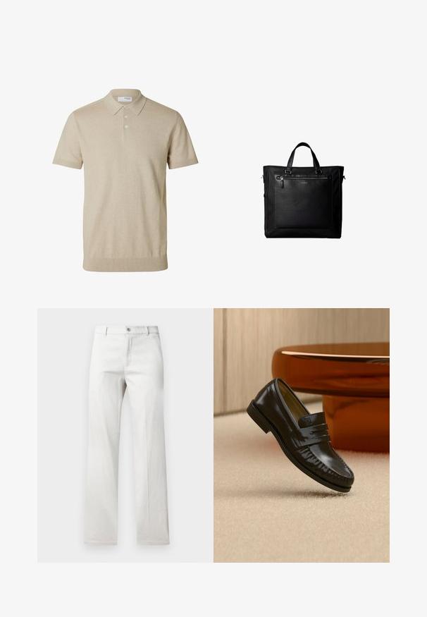 Beiges kurzärmeliges Poloshirt mit Kragen und drei Knöpfen, gerippte Bündchen an Ärmeln und Saum, einfarbiger Strickstoff.; Helle graue Hose mit geradem Bein, aus einem glatten Stoff gefertigt, mit vorderer Knopfverschluss und Seitentaschen.; Glänzender schwarzer Leder-Loafer mit einem Riemendetail, auf einem beigen Teppich neben einem runden braunen Couchtisch in einem sanft beleuchteten Raum platziert.; Schwarze Tragetasche mit Doppelgriffen, großer vorderer Ledertasche mit Reißverschluss und dezentem Calvin Klein-Logo in der Mitte der Tasche.