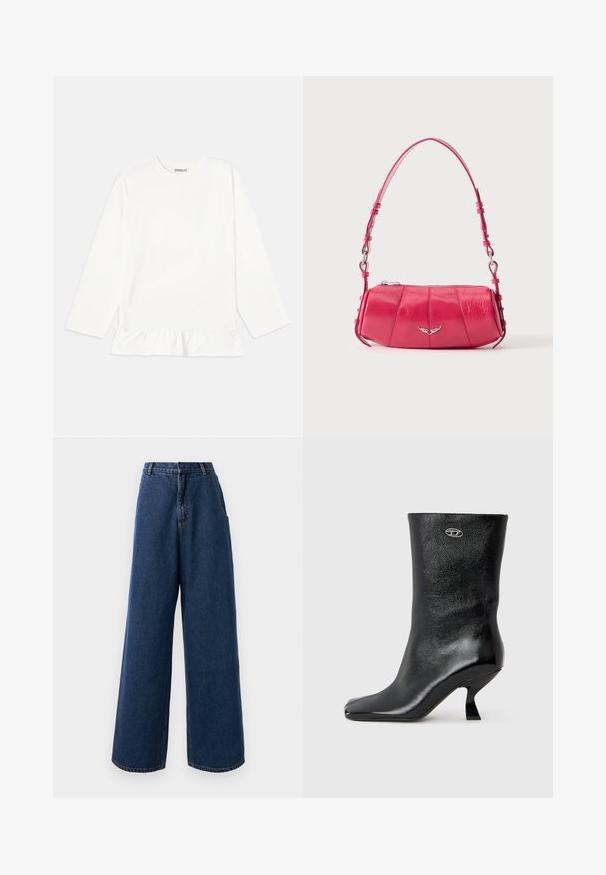 Wit langetermijn top van zachte stof, met een gerimpelde zoom. Het ontwerp heeft een ronde halslijn en subtiele branding op de borst.; Hoge taille wijde jeans in donkerblauwe denim met een sluiting aan de voorkant met knoop en rits, riemlussen en zijzakken.; Zwarte leren enkellaars met een glanzende afwerking, vierkante neus en een uniek gebogen hielontwerp. Voorzien van een klein metallic logo-accent.; Kleine glanzende roze leren schoudertas met zilveren vleugelembleem en verstelbare schouderriem, bovenkant met ritssluiting, afgebeeld op witte achtergrond.