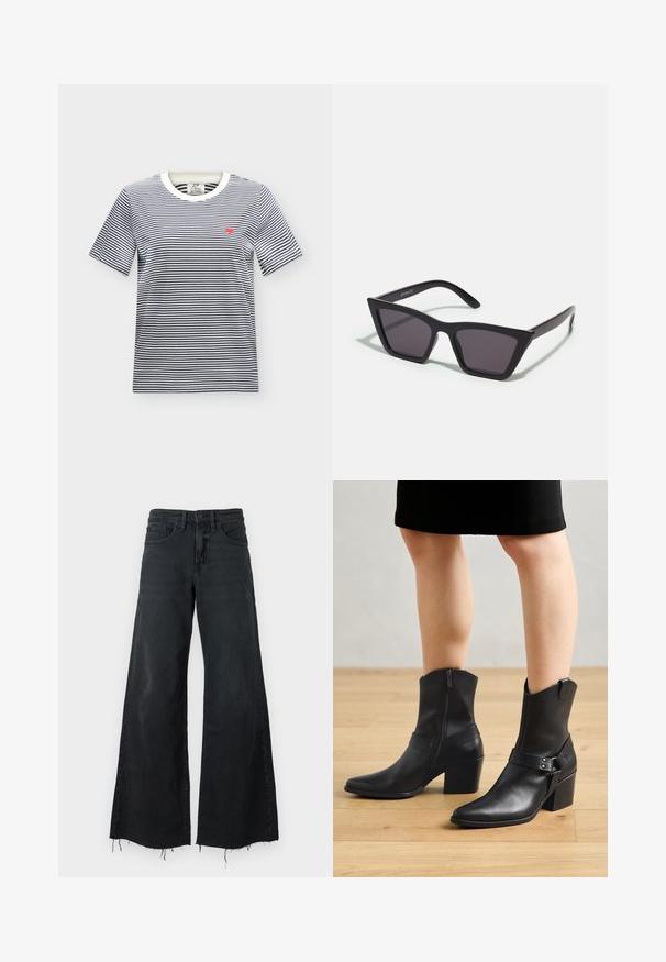 Hvid t-shirt med korte ærmer med tynde sorte vandrette striber og et lille rødt hjerte broderet på venstre bryst.; Good American GOOD EASE RELAXED - Wide leg - black; Sorte læder ankelstøvler med spids tå, lynlås lukning, buet hæl og en dekorativ rem med metal detaljer.; Sorte, kantede solbriller med grå linser; lavet af plast, med tykke stænger med en glat overflade og ingen synlig hardware.
