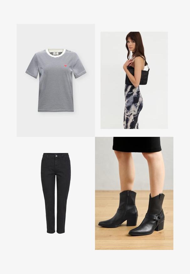 Camiseta blanca de manga corta con finas rayas horizontales negras y un pequeño corazón rojo bordado en el pecho izquierdo.; Jeans de mezclilla negra con un diseño de pierna recta, que cuentan con un cierre frontal de botón, cinco bolsillos y un acabado texturizado liso.; Botines de cuero negro con punta afilada, cierre de cremallera, tacón curvado y una correa decorativa con detalles metálicos.; Bolso de hombro negro acolchado con una sola correa y herrajes plateados, combinado con un vestido ajustado de patrón tie-dye en tonos de negro y crema.