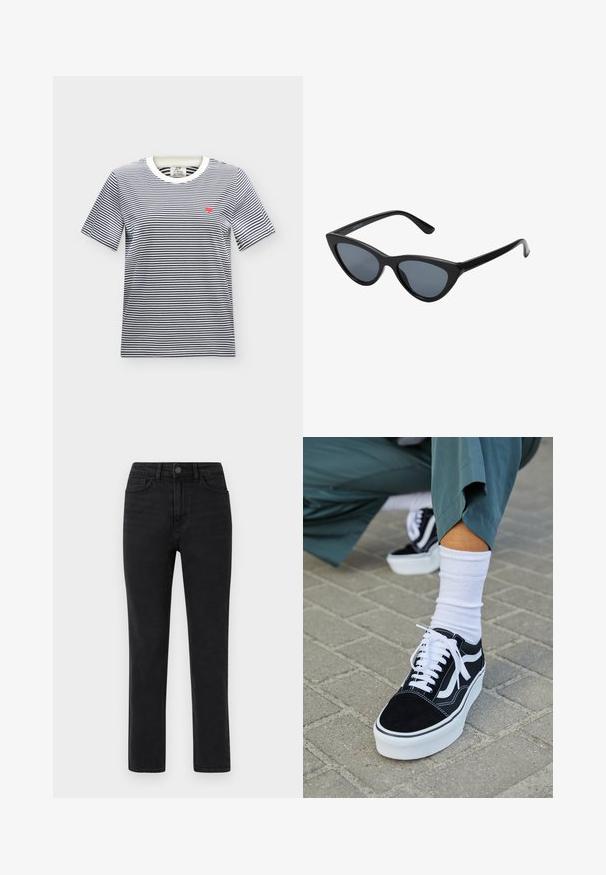 Wit T-shirt met korte mouwen, dunne zwarte horizontale strepen en een klein rood hart geborduurd op de linkerborst.; Hoge taille zwarte recht-passende jeans met een sluiting met knoop aan de voorkant, riemlussen en een vijf-pocket ontwerp tegen een witte achtergrond.; Zwarte suède sneaker met witte accenten en veters, uitgerust met een dikke witte zool en contrasterende stiksels, gecombineerd met een witte sok.; Zwarte cat-eye zonnebril met donkergrijze lenzen, slank plastic frame, puntige hoeken en rechte pootjes. Geen zichtbare hardware of accenten.