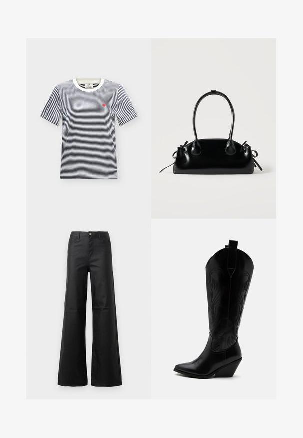 JDY JDYPISA S/S PRINT TOP JRS NOOS - T-shirt print - cloud dancer/sky captain; Zwarte wijde jeans van soepele denim, met een knoopsluiting, voorzakken en een hoge taille.; Zwarte leren cowboylaars met puntige neus, schuine blokhak, decoratieve stiksels en aantreklusjes bovenaan tegen een witte achtergrond.; Kleine zwarte glanzende handtas met twee lange hengsels en zijkant trekkoord details op een effen lichte achtergrond.