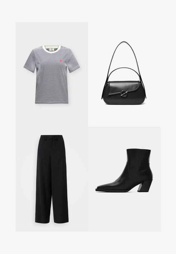 Camiseta blanca de manga corta con finas rayas horizontales negras y un pequeño corazón rojo bordado en el pecho izquierdo.; Pantalones de pierna ancha negros, hechos de una tela suave, con un diseño de frente plano, detalles plisados y trabillas en la cinturilla.; Bota de tobillo de cuero negro con punta afilada, una silueta elegante y un tacón cuadrado grueso. Textura suave con detalles de costura mínimos.; Bolso de hombro de cuero negro con una solapa curva asegurada por un broche metálico redondo y una correa delgada y ajustable.