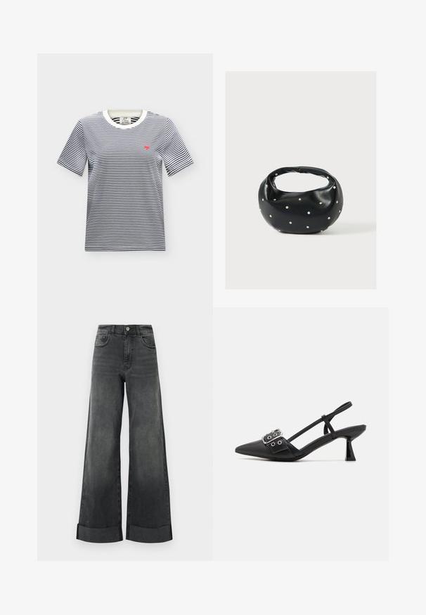 JDY JDYPISA S/S PRINT TOP JRS NOOS - T-shirt print - cloud dancer/sky captain; Zwarte high-waisted wijde jeans met opgerolde zoom, een knop aan de voorkant en zakken, gepresenteerd tegen een effen lichte achtergrond.; Simmi London DALA - Klassieke pumps - black; Zwarte leren handtas met een afgeronde vorm, versierd met zilveren studs, en een korte handgreep. Gladde textuur en ritsluiting.