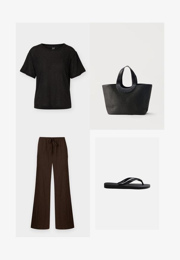 T-shirt noir à manches courtes avec col rond, coupe décontractée et texture subtile, présenté sur un fond clair uni.; Pantalon large à jambes larges de couleur brun foncé avec texture, taille élastique et cordon de serrage à l'avant, posé à plat sur un fond clair.; Sandale tong noire en caoutchouc avec semelle texturée et brides lisses, vue de côté sur un fond gris clair uni.; Sac cabas noir texturé avec de larges poignées arrondies présentant le nom de la marque embossé "Samsøe Samsøe" sur fond neutre.