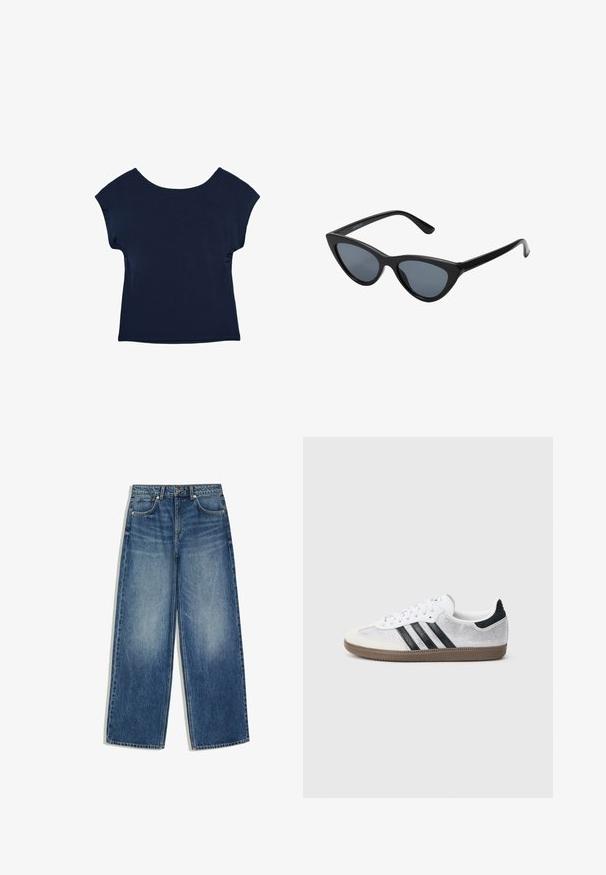 Haut bleu marine à manches courtes avec un large décolleté et une coupe décontractée. Texture lisse, design jusqu'à la hanche, sans motifs ni éléments visibles.; Jean en denim bleu à jambes larges avec bouton et fermeture éclair à l'avant, et design à cinq poches, posé à plat sur fond blanc.; Baskets en mesh blanc avec des rayures noires, un embout en daim beige et un accent sur le talon, semelle en caoutchouc texturée, et lacets blancs. Design classique à tige basse.; Lunettes de soleil noires en forme d'œil de chat avec des verres gris foncé, monture en plastique élégante, coins pointus et branches droites. Pas de métal visible ni d'accents.