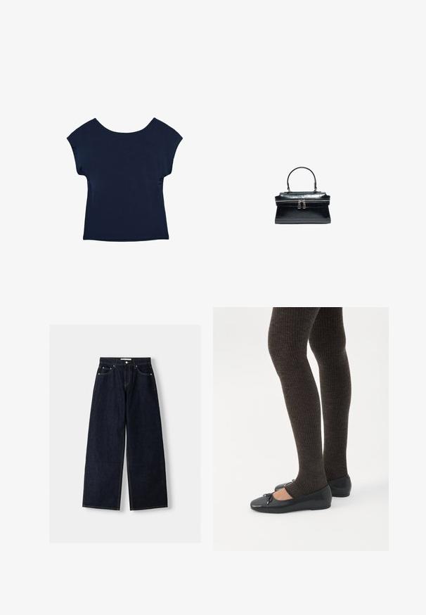 Haut bleu marine à manches courtes avec un large décolleté et une coupe décontractée. Texture lisse, design jusqu'à la hanche, sans motifs ni éléments visibles.; Jean large en denim bleu foncé à taille haute, avec cinq poches, des coutures contrastées et des éléments en métal argenté. Texture lisse et finition soignée.; Jambes portant des leggings côtelés foncés associés à des ballerines noires avec de petits détails en nœud sur fond blanc.; Sac à main en cuir noir avec une poignée supérieure, une texture crocodile et une fermeture double à glissière au centre.