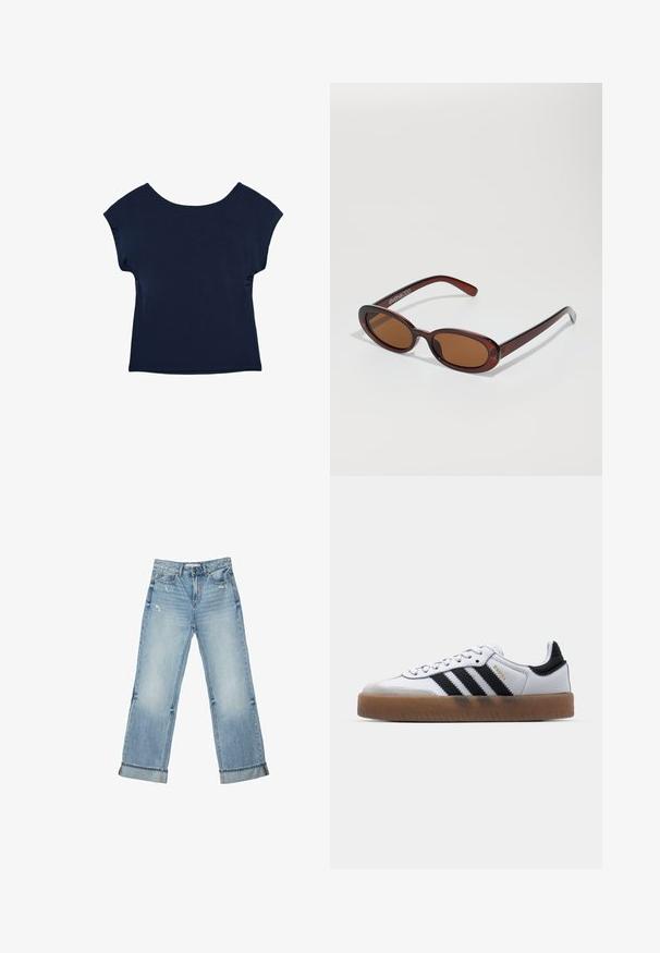 Haut bleu marine à manches courtes avec un large décolleté et une coupe décontractée. Texture lisse, design jusqu'à la hanche, sans motifs ni éléments visibles.; Jean en denim bleu clair à jambes larges avec revers de bas de pantalon et légère usure sur les poches avant et les cuisses.; Baskets en cuir blanc avec des rayures noires, semelle extérieure en caoutchouc beige, bout rond, fermeture lacée et embout en suède gris doux.; Lunettes de soleil rondes teinte brun avec une monture bordeaux brillante. Branches fines avec un détail de marque subtil. Design de verres plats.