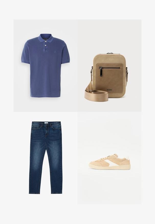 Marineblaue Polohemd aus Baumwolle, mit einer Knopfleiste mit drei Knöpfen, kurzen Ärmeln und einem kleinen Logo auf der Brust. Einfaches Design.; Dunkelblaue Slim-Fit-Jeans mit ausgewaschenen Details, klassischem Fünf-Taschen-Design, Knopfverschluss und Gürtelschlaufen.; Beige Wildleder Sneaker mit weißen Akzenten, runder Zehenpartie und Schnürverschluss. Texturiertes Obermaterial und Gummisohle mit dezentem Branding.; Kleine beige Umhängetasche mit vorderer Reißverschlusstasche, metallischem ALDO-Logo, verstellbarem breitem Riemen und abgerundeter rechteckiger Form vor weißem Hintergrund.