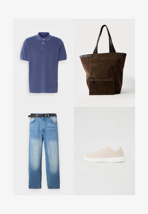 Marineblaue Polohemd aus Baumwolle, mit einer Knopfleiste mit drei Knöpfen, kurzen Ärmeln und einem kleinen Logo auf der Brust. Einfaches Design.; Hellblaue Denim-Jeans mit geradem Bein, ausgestattet mit einem schwarzen Gürtel, ausgewaschenen Stellen und subtiler diagonaler Textur im oberen Bereich.; Beige Wildlederschuhe mit weißen Gummisohlen, runder Zehenform und sechs Ösen für die Schnürsenkel. Glatte Textur mit minimalistischem Design.; Dunkelbraune Veloursleder-Tote mit schwarzen Griffen und einem passenden rechteckigen Reißverschlussbeutel, der vorne befestigt ist.