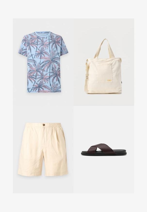 T-shirt bleu clair à manches courtes avec un motif intégral de palmiers rose et bleu marine.; Shorts décontractés beiges avec taille élastique, fermeture à bouton unique, poches latérales et coupe ample adaptée aux temps chauds.; Sandale à glissière à lanières croisées de couleur marron, dotée d'une finition mate, d'une semelle noire plate et d'une texture lisse. Design minimaliste sans matériel visible.; Sac fourre-tout en toile crème avec poche avant, deux poignées, bandoulière réglable et petit texte jaune "O.N.S" en bas à droite de la poche.