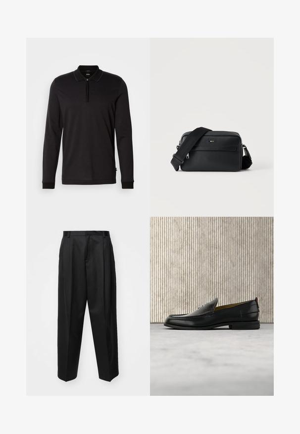 Camisa polo negra de manga larga con cuello con cremallera, tejido texturizado con un sutil patrón geométrico y puños de contraste.; Pantalones negros ajustados con cintura alta, perneras anchas y pliegues marcados. Fabricados en un tejido suave con trabillas para el cinturón y sin hardware visible.; Mocasín de cuero negro para hombre con empeine grabado en relieve de cocodrilo y tacón bajo, mostrado de perfil sobre un fondo neutro.; Bolso bandolera negro de cuero texturizado con bolsillo frontal con cremallera y correa de hombro ancha de tela ajustable sobre fondo blanco.
