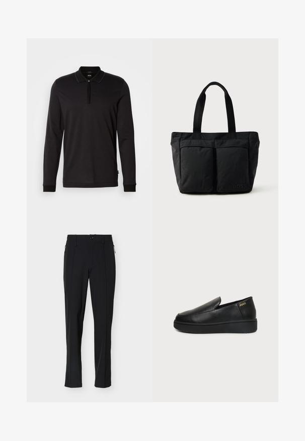 Schwarz, langärmliges Poloshirt mit Reißverschluss-Kragen, strukturierten Stoff mit einem subtilen geometrischen Muster und kontrastierenden Bündchen.; Schwarze, maßgeschneiderte Slim-Fit-Hose mit vorderem Knopf und seitlichen Reißverschlusstaschen, vor weißem Hintergrund präsentiert.; Schwarzer Lederschlupfschuh mit dicker Sohle und kleinen seitlichen Belüftungslöchern, mit goldenem "HUGO"-Logo nahe der Ferse.; Schwarze Tragetasche aus weichem Stoff, mit zwei vorderen Taschen und stabilen Tragegriffen. Logo an der Seite angebracht. Einfaches, funktionales Design.