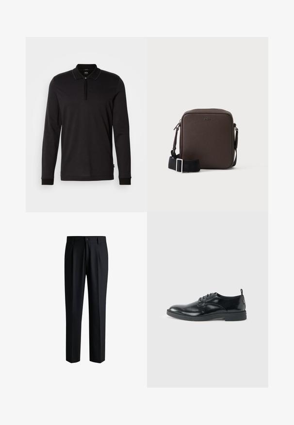 Schwarz, langärmliges Poloshirt mit Reißverschluss-Kragen, strukturierten Stoff mit einem subtilen geometrischen Muster und kontrastierenden Bündchen.; Schwarze Hose aus glattem Stoff, mit geradem Bein-Design, Falten vorne und einem Knopfverschluss mit Gürtelschlaufen.; Glänzender schwarzer Lederschuh mit niedrigem Absatz, Schnürverschluss und runder Kappe, seitlich auf hellem, schlichten Hintergrund gezeigt.; Kompakte braune Leder-Umhängetasche mit schwarzem verstellbarem Riemen und silbernen Schnallen, vorne mittig mit BOSS-Logo geprägt.