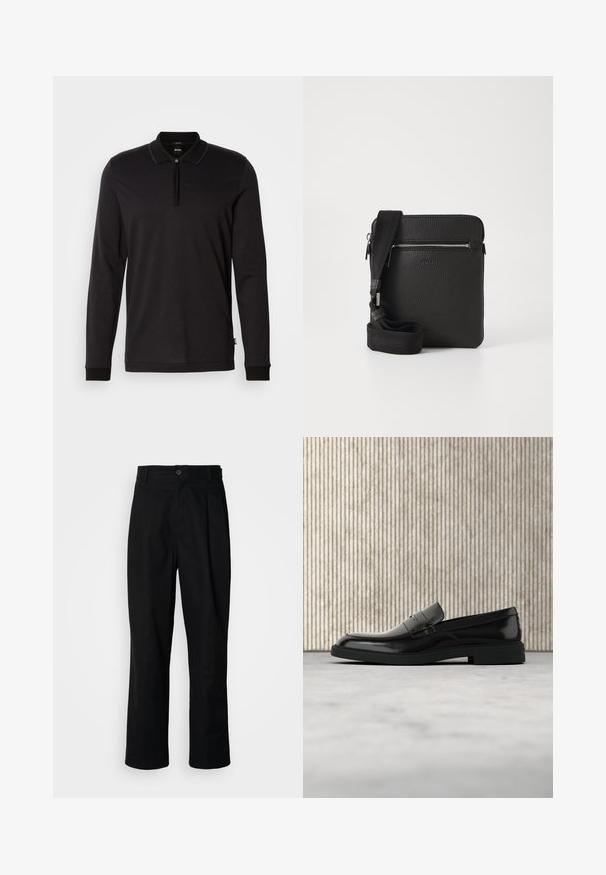 Schwarz, langärmliges Poloshirt mit Reißverschluss-Kragen, strukturierten Stoff mit einem subtilen geometrischen Muster und kontrastierenden Bündchen.; Schwarze gerade geschnittene Hosen mit einem Knopfverschluss, Gürtelschlaufen und Vorderfalten, vor einem schlichten weißen Hintergrund präsentiert.; Schwarzer, polierter Lederloafer, der über einem beigen Teppich schwebt, mit orangener, durchscheinender Möbel im Hintergrund.; Schwarze Leder-Umhängetasche mit strukturierten Oberflächen, einem Reißverschluss-Frontfach und einem verstellbaren Stoffgurt. Einfaches quadratisches Design.
