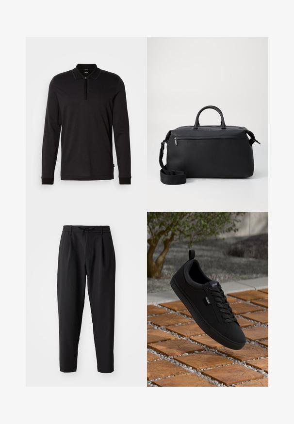 Camisa polo negra de manga larga con cuello con cremallera, tejido texturizado con un sutil patrón geométrico y puños de contraste.; Pantalones negros ajustados con cintura elástica y cordón. Tejido suave con una textura ligera, con pliegues y bolsillos laterales.; Zapatilla negra de corte bajo con cuero texturizado, cordones planos y una etiqueta de lazo, exhibida sobre una superficie de baldosas con un patrón y guijarros.; Bolsa de viaje de cuero negro con dos asas superiores, una correa de hombro desmontable y un bolsillo frontal con cremallera para almacenamiento adicional.
