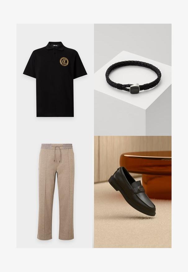 Polo noir à manches courtes avec col et patte à deux boutons, arborant un logo circulaire doré Just Cavalli sur la poitrine.; Pantalon marron clair à coupe décontractée avec une taille élastique et un cordon de serrage. Texture lisse avec un détail de couture latérale et des jambes fuselées.; Chaussure noire en cuir à enfiler avec des accents cousus, un col relevé et une semelle en caoutchouc plate, positionnée au-dessus d'une surface beige douce.; Bracelet en cuir tressé noir avec un fermoir en argent, présentant un détail texturé carré, reposant sur un piédestal blanc.