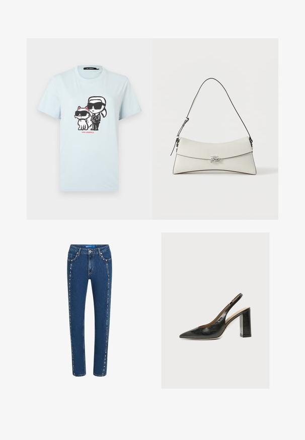 Hellblaues Baumwoll-T-Shirt mit einem grafischen Design von einer Person und einer Katze in Sonnenbrillen. Der Text "KARL LAGERFELD" ist in rot darunter aufgedruckt.; Dunkelblaue Denim-Jeans mit geradem Schnitt, featuring kontrastierenden Nähten und dekorativen Nieten entlang der Seitennaht und der vorderen Taschen.; Schwarzer Leder-Damenslingback-Schuh mit spitzer Zehenpartie und dickem hohem Blockabsatz vor weißem Hintergrund.; Weiße Lederschultertasche mit geschwungenem Überschlag, schwarzer Kante, verstellbarem Riemen und silberner dekorativer Schnalle auf schlichtem Hintergrund.