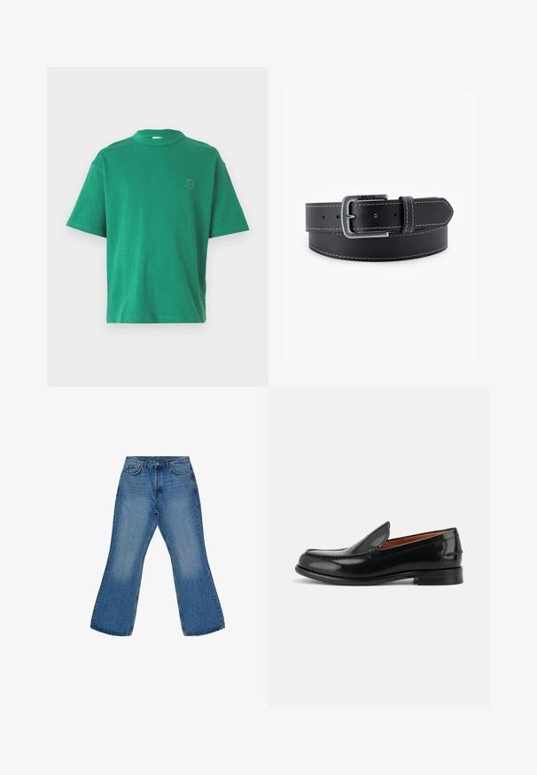 Camiseta de algodón verde con cuello redondo, mangas cortas y una letra "S" bordada en el lado izquierdo del pecho. Textura suave, ajuste casual.; Jeans de mezclilla azul claro de pierna ancha con una cintura de altura media, diseño de cinco bolsillos y áreas desgastadas en la parte delantera, destacando un look casual.; Mocasín negro de cuero pulido, tipo slip-on, con tacón bajo y detalles cosidos a lo largo de la puntera y los costados, mostrado de lado.; Cinturón de cuero negro con hebilla de metal plateado, costuras blancas contrastantes y superficie lisa. Incluye múltiples orificios de ajuste.