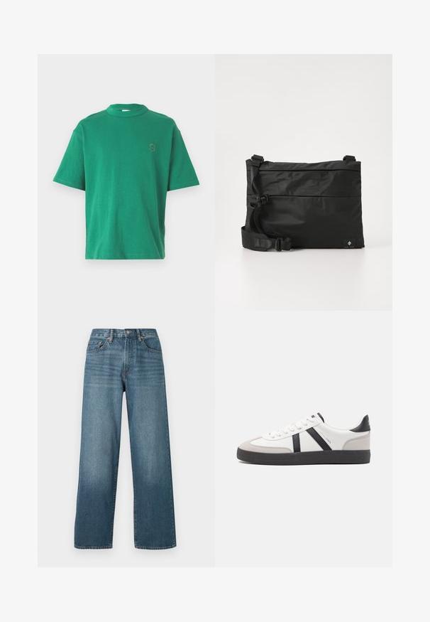 T-shirt en coton vert avec un col rond, des manches courtes et une lettre "S" brodée sur la poitrine gauche. Texture douce, coupe décontractée.; Jean en denim bleu foncé à pattes larges avec fermeture à bouton, passants de ceinture et texture délavée. Comprend cinq poches et des coutures contrastées.; Baskets blanches avec des accents noirs et gris, présentant un embout texturé gris, une semelle en caoutchouc noir et des lacets plats blancs. Design épuré, style minimaliste.; Sac messager en nylon noir avec une sangle réglable, un design plat et une étiquette latérale arborant un logo. Texture lisse et style minimaliste.