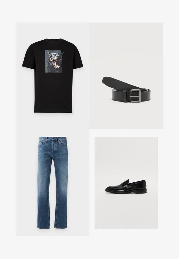 T-shirt en coton noir avec un grand graphisme d'un chien qui aboie sur le devant. Col rond, manches courtes.; Jean en denim bleu avec une coupe droite, délavé, cinq poches et coutures contrastées. Fermeture à bouton et zip à la taille.; Mocassin en cuir noir avec une pointe arrondie, des coutures discrètes et une finition lisse. Doté d'un talon bas empilé et d'une sangle sur le cou-de-pied.; Ceinture en cuir noire enroulée avec une boucle rectangulaire en métal argenté sur un fond clair uni.