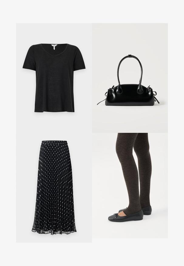 T-shirt noir à manches courtes avec un col en V. Fabriqué en tissu léger, il présente une coupe légèrement décontractée sans motifs ni accents visibles.; Jupe noire plissée à pois blancs, dotée d'une taille élastique et d'un design fluide, fabriquée en tissu léger.; Jambes portant des leggings côtelés foncés associés à des ballerines noires avec de petits détails en nœud sur fond blanc.; Petit sac à main noir brillant avec deux longues anses et des détails à cordon sur les côtés sur un fond clair uni.