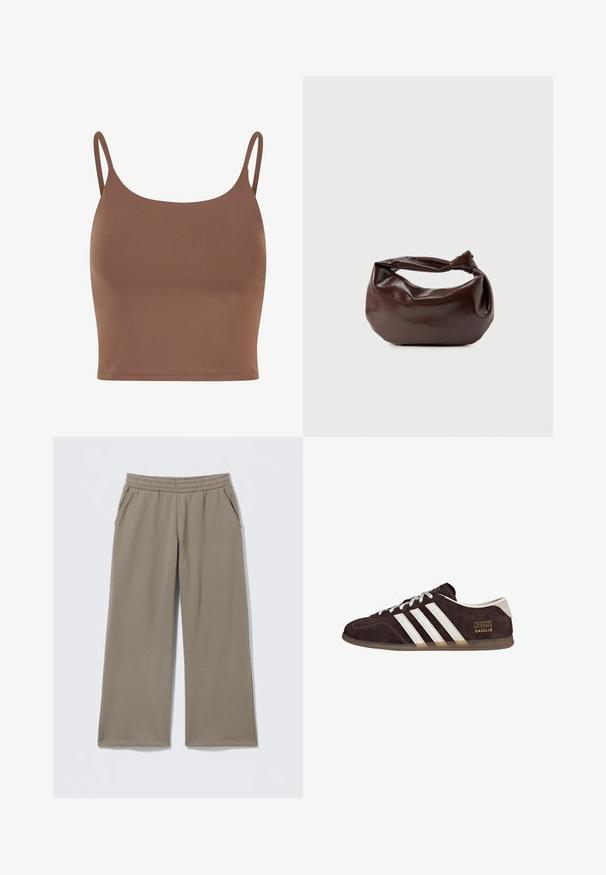 Top corto marrón hecho de una tela suave con tirantes delgados y ajustables. Presenta un escote redondeado y una silueta ajustada.; Pantalones anchos color topo con cintura elástica y bolsillos laterales, extendidos sobre un fondo claro.; Zapatillas de ante marrón con tres rayas blancas, suela de goma y etiqueta con texto "Gazelle" en dorado. Diseño con cordones grises.; Bolso de hombro de cuero marrón oscuro con una forma suave y caída, y un asa con nudo torcido sobre un fondo blanco liso.