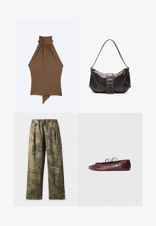Sleeveless brown halter neck top with gathered high collar and asymmetric pointed hem hanging flat on a white background.; Loose-fit pants with elastic waist, featuring a green and brown tropical leaf camouflage print.; Burgundy leather ballet flat with a pointed toe, lace detailing across the front, and silver eyelets. Soft sole for flexibility and comfort.; Brown leather shoulder bag with a curved shape, featuring a prominent buckle detail, contrasting stitching, and a single shoulder strap.