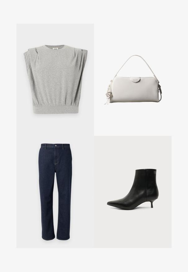 Sweat-shirt gris avec manches courtes bouffantes, encolure ronde et ourlet froncé à la taille. Matière douce en mélange de coton.; Jeans en denim bleu foncé avec une coupe droite, dotés d'une fermeture éclair, de poches avant et de coutures visibles dans une couleur contrastante.; Bottine en cuir noir avec bout pointu et petit talon kitten sur fond clair, vue côté extérieur.; Sac à main rectangulaire blanc Calvin Klein avec une seule poignée, design minimaliste et pampilles décoratives avec un charm métallique géométrique sur le côté.