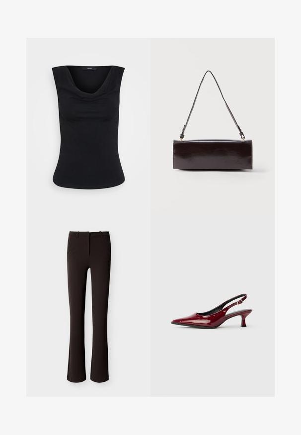 Zwart mouwloos vrouwen top met brede schouderbanden en gedrapeerde halslijn, met aansluitende taille, weergegeven op een effen achtergrond.; Zwarte slim-fit broek met lichte uitlopende pijpen, ritssluiting aan de voorkant en riemlussen, plat liggend weergegeven op een witte achtergrond.; Bordeaux patent leren slingback hakken met een puntige neus en een slanke stilettostonk. Ontwerp met open achterkant en verstelbare enkelriem.; Rechthoekige zwarte leren handtas met een enkele lange schouderband en een glanzende afwerking, weergegeven tegen een effen witte achtergrond.
