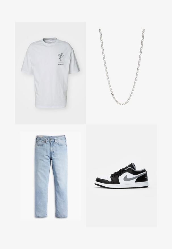 T-shirt en coton blanc à manches courtes, avec un graphisme floral sur le devant et des détails textuels en dessous de l'illustration.; Jean en denim bleu clair avec une coupe droite, style cinq poches et des détails de couture solides. Doté d'une fermeture éclair et d'un bouton en métal.; Jordan AIR JORDAN 1 - Baskets basses - black/particle grey-white; Collier en argent composé de maillons entrelacés, texture lisse et forme rectangulaire uniforme. Détail du fermoir sécurisé.