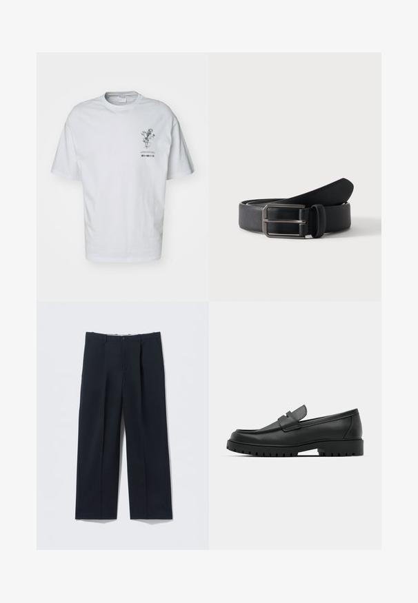 Camiseta de algodón blanca con mangas cortas, que presenta un gráfico frontal de un diseño floral y detalles de texto debajo de la ilustración.; Pantalones azul marino oscuros hechos de tela suave, con un ajuste entallado, dos bolsillos delanteros y cierre de botón.; Mocasines de cuero negro con punta redonda, que cuentan con un diseño cosido, suela de plataforma baja y una suela de goma texturada y con tacos.; Cinturón de cuero negro enrollado con hebilla rectangular de metal plateado sobre un fondo claro y sencillo.